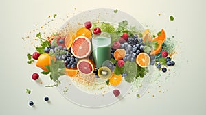 Fruit and vegetable smoothie in a glass with fresh fruits on white background