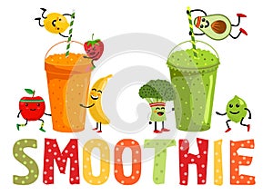 Fruit and vegetable smoothies. Cartoon smoothies. Cute kawaii fruits and vegetable. Orange, strawberry, berry, banana