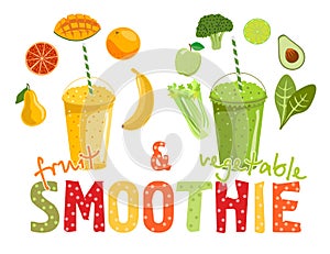 Fruit and vegetable smoothies. Cartoon smoothies. Orange, strawberry, berry, banana and avocado smoothie. Organic fruit