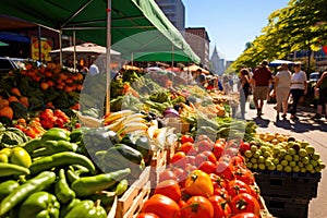 Fruit and vegetable stall at a farmers market in Frankfurt, Germany, A bustling farmer\'s market with vibrant, fresh