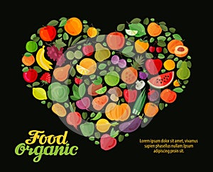 Fruit and vegetable vector heart. healthy food design