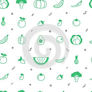 Fruit and vegetable vector seamless pattern with abstract elements on a white background. Healthy food design.