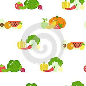 Fruit and vegetable vector seamless pattern in flat style on white background. Healthy food design.