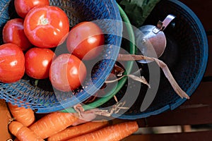 Fruit and vegetables in baskets at the farmers market