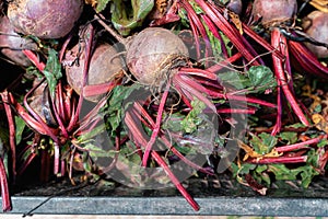 Fruit and vegetables in baskets at the farmers market