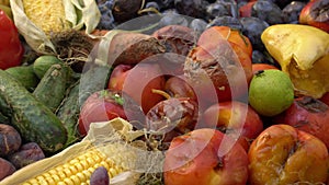 Fruit and vegetables in a dumpster, discarded uneaten. Spoiled rotten fruits in the trash. Food loss at the agricultural