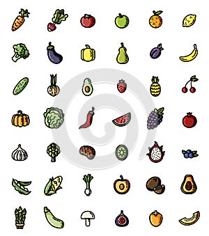 Fruit and vegetables flat design vector colorful icon set. Collection of isolated fruits and veggies symbols