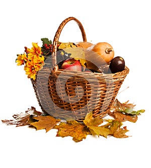 Fruit and vegetables, lying in basket, isolated