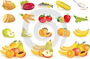 Fruit, vegetables, meat, corn icons