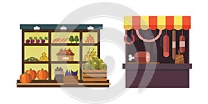 Fruit, vegetables, milk products, meat, bakery shop stall vector set