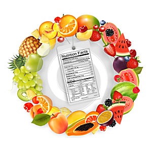 Fruit and vegetables and a nutrient label. Diet concept. Strawberry, raspberry