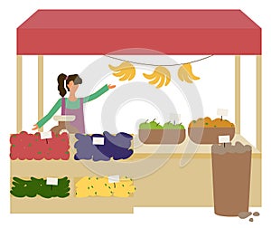 Fruit and Vegetables, Seller on Marketplace Vector