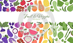 Fruit and veggies rainbow banner. Plant-based food pattern