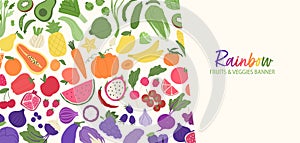 Fruit and veggies rainbow banner. Plant-based food pattern