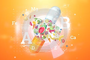 Fruit and vitamins, nutritional supplements in the form of medicinal capsules fly out directly and capsules. Correct diet, diet,