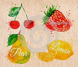 Fruit watercolor cherry, lemon, strawberry, pear