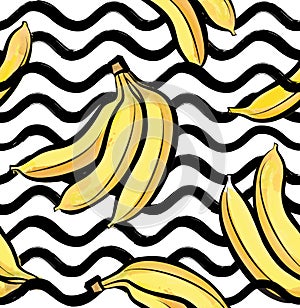 Fruit wave seamless pattern with banana. Food background