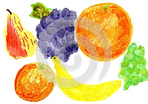 Fruit on a white background. Children`s drawing water color, wax crayons