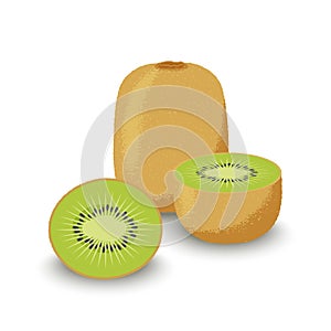 Fruit. Whole kiwi and cut slices on a white background.