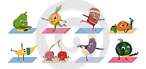 Fruit yoga. Cartoon vegetable funny characters doing yoga poses and sport exercises, healthy food and fitness workout
