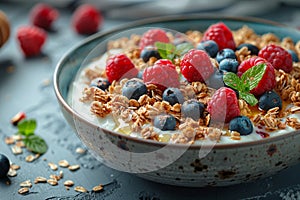 Fruit and yoghurt bowl with cereals, kiwi, strawberries, blueberries and raspberries.