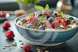 Fruit and yoghurt bowl with cereals, kiwi, strawberries, blueberries and raspberries.