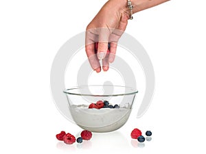 Fruit yoghurt preparing isolated