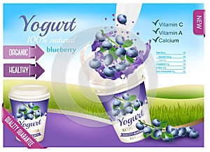 Fruit yogurt with berries advert concept.