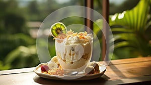 A fruit yogurt glass on a balcony in the morning