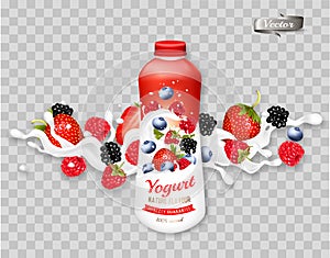 Fruit yogurt or milk with fresh berries advert concept. Yogurt or milk flowing into a plastic cup with fresh strawberry, blueberry