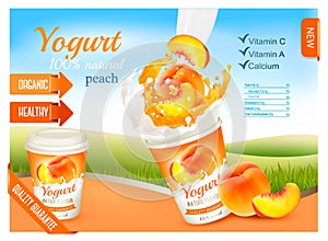 Fruit yogurt with peach advert concept.