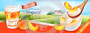 Fruit yogurt with peach advert concept.