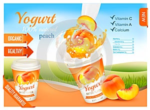 Fruit yogurt with peach advert concept. photo