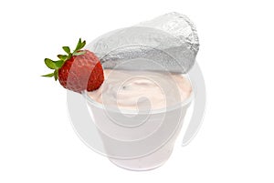 Fruit yogurt in plastic container on white