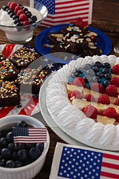 Fruitcake served in plate on wooden table