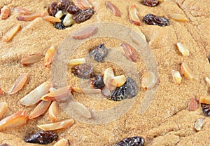 Fruitcakes with raisin, a peanut, candied fruits, chocolate