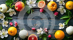 Fruitful Blooms on Wooden Table - A Vibrant Spring Background