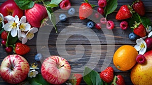 Fruitful Blooms on Wooden Table - A Vibrant Spring Background