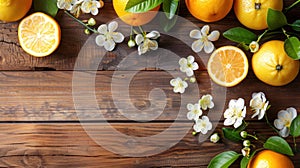 Fruitful Blooms on Wooden Table - A Vibrant Spring Background