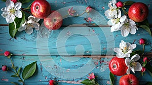 Fruitful Blooms on Wooden Table - A Vibrant Spring Background