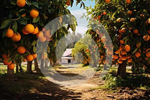 Fruitful Orange tree farm. Generate Ai photo