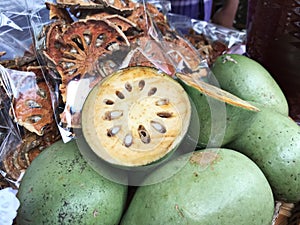 Fruits of Aegle marmelos or Bael or Indian bael or Bengal quince or Golden apple or Japanese bitter orange or Wood