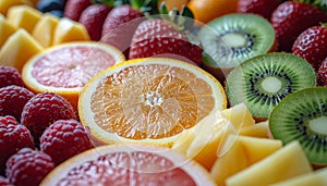 Fruits arranged in precise geometric patterns, vibrant color.