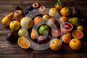 Fruits background Colorful Seasonal various fresh fruits on a wooden table, top view, Generative AI