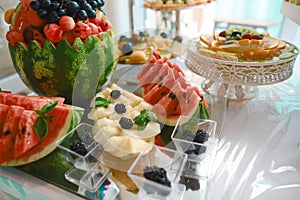 Fruits on banquet table at a wedding reception party. Concept Catering