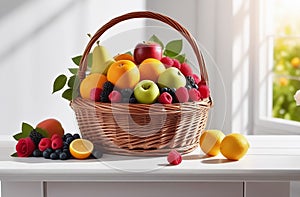 Fruits in a basket on a white table