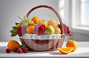 Fruits in a basket on a white table