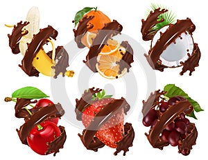 Fruits and berries in chocolate splash. Banana, orange, coconut, cherry, strawberry, grapes 3d vector