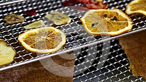fruits and berries are dried on a baking sheet in a Dehydrator machine