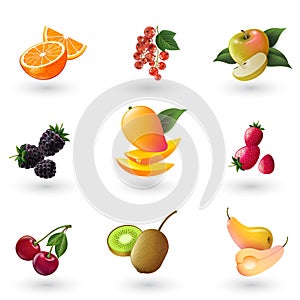 Fruits and berries. Icons set. Oranges, apples, mango, kiwi, pears and different berries. Vector illustration.